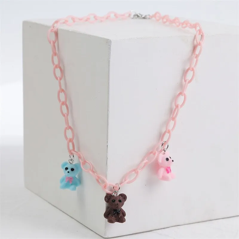 Candy Color Gummy Mini Bear Cartoon Necklace for Women Girls Birthday Jewelry Gifts