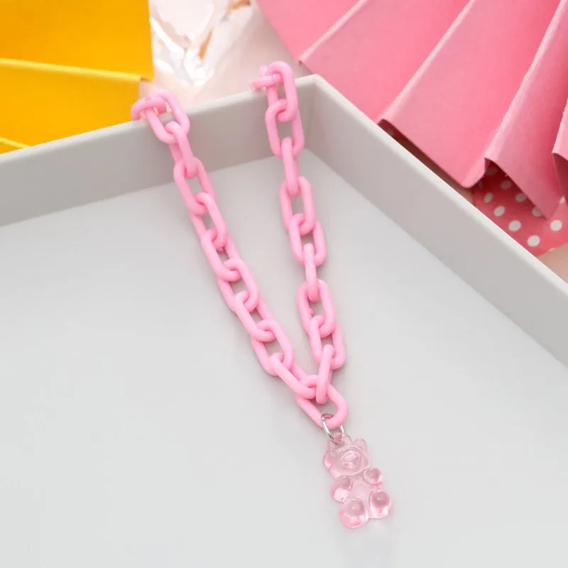 Candy Color Gummy Mini Bear Cartoon Necklace for Women Girls Birthday Jewelry Gifts