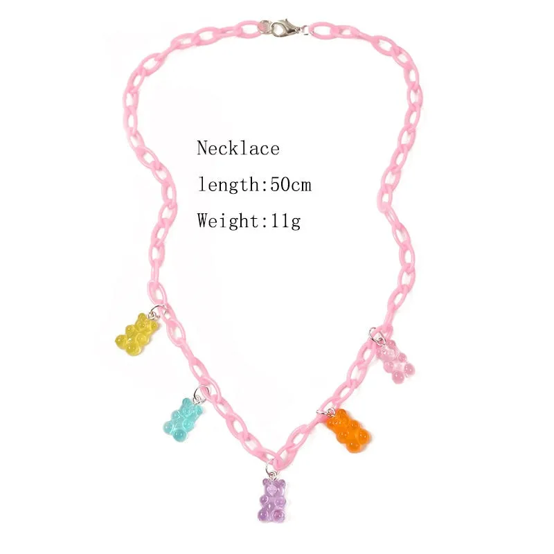 Candy Color Gummy Mini Bear Cartoon Necklace for Women Girls Birthday Jewelry Gifts