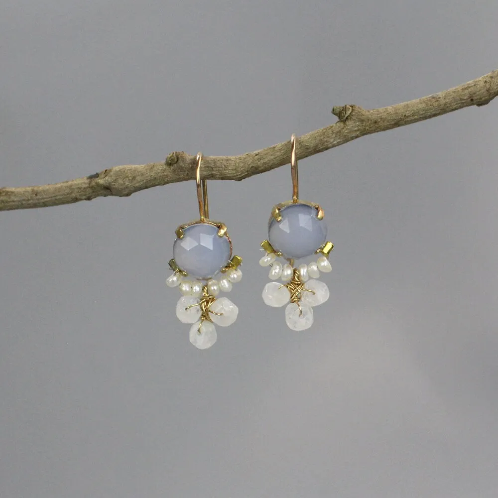 Chalcedony Pearl Moonstone Clover Earrings