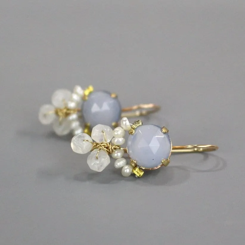 Chalcedony Pearl Moonstone Clover Earrings