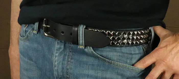 Classic 3 Row Pyramid Studded Leather Belt, 1.5" Removable Buckle