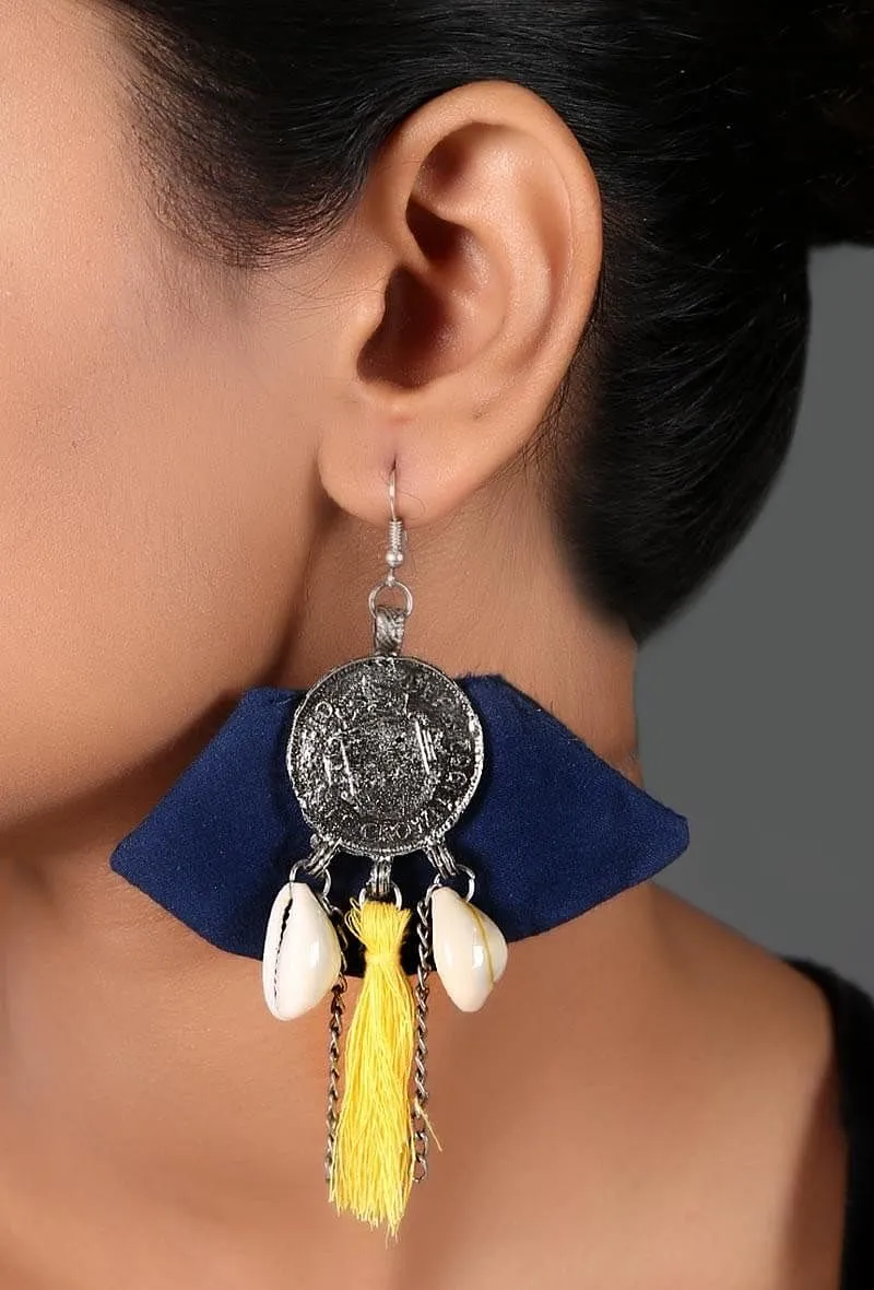 Cobalt Blue And Yellow Tassel Earrings With Cowrie Shell