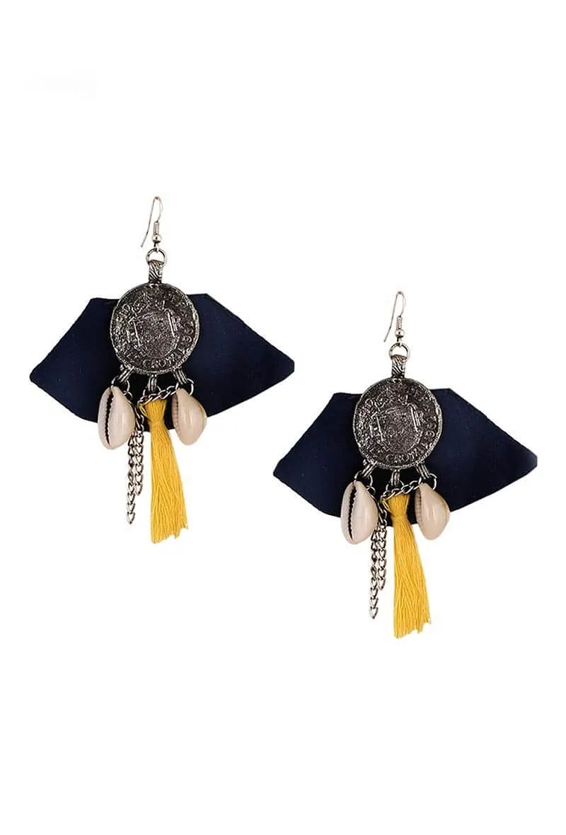 Cobalt Blue And Yellow Tassel Earrings With Cowrie Shell