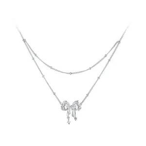 Dazzling Bow Necklace for Women Girl, 925 Sterling Silver Bowknot Choker Necklace White Gold Plated Birthday Jewelry Gift