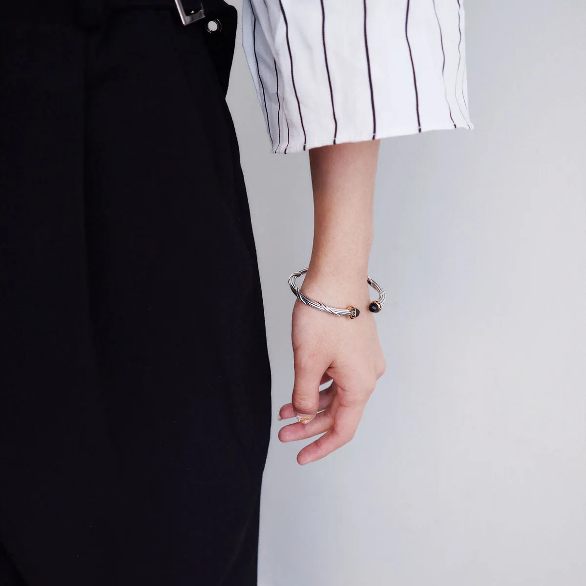 Deco Black Onyx Oval Cuff in two tone sterling silver with black spinel