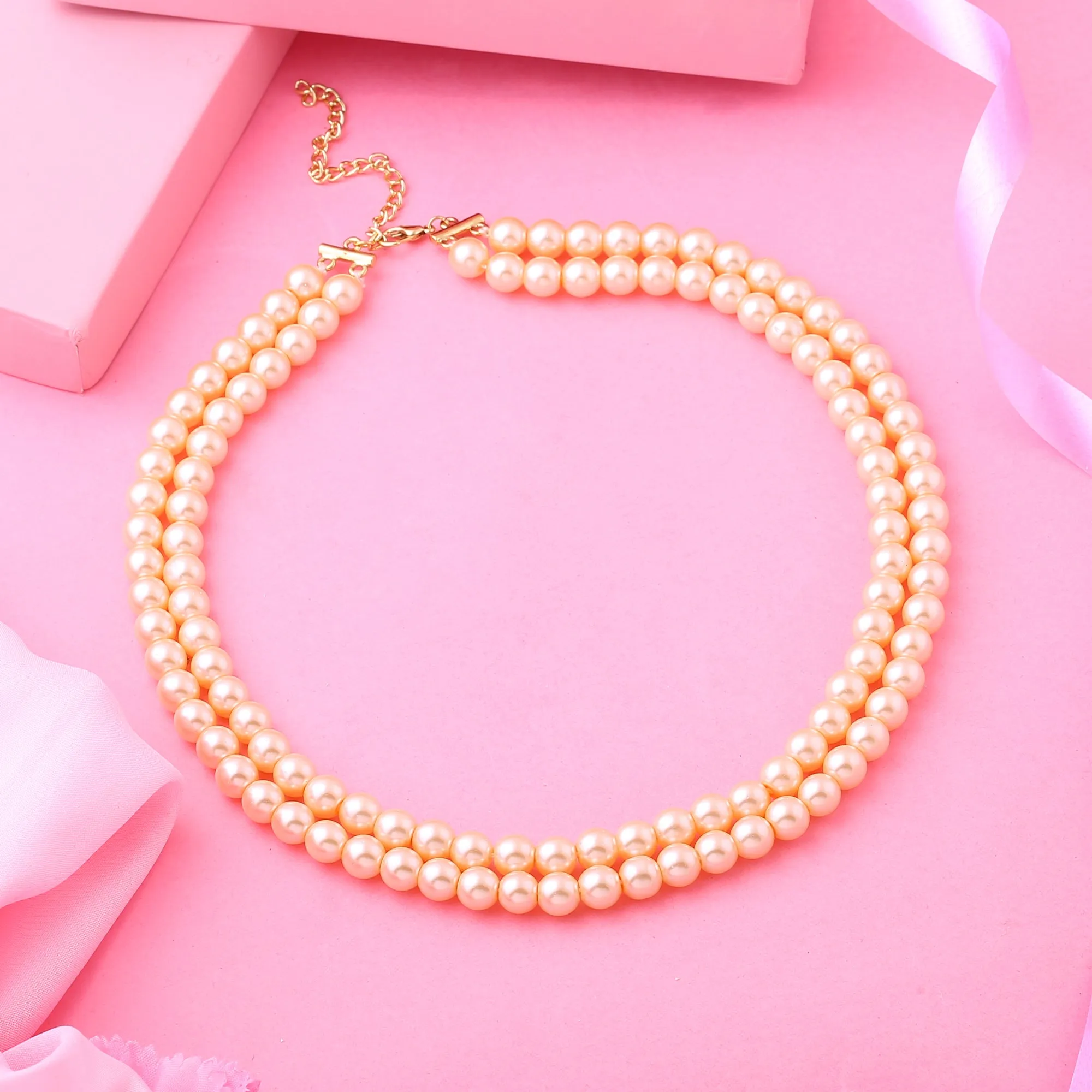 Estele Gold Plated Elegant & Refined Double Line Creamy Pearl Necklace for Women