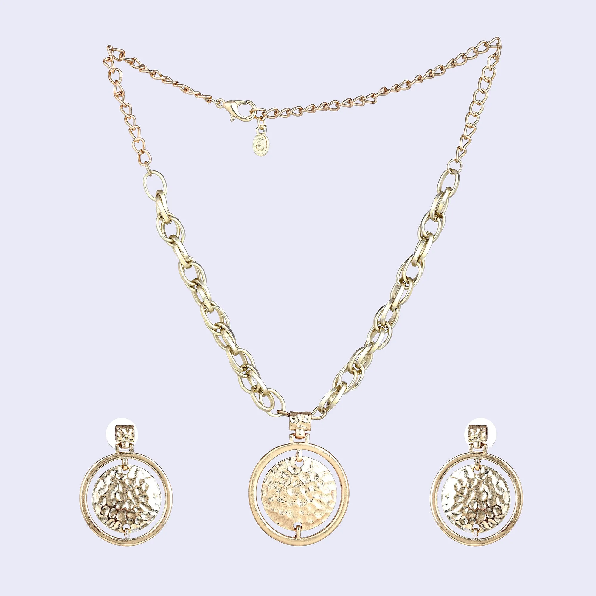 Estele Gold Tone Chunky Dual Circular Beaten Gold Necklace Set for Women