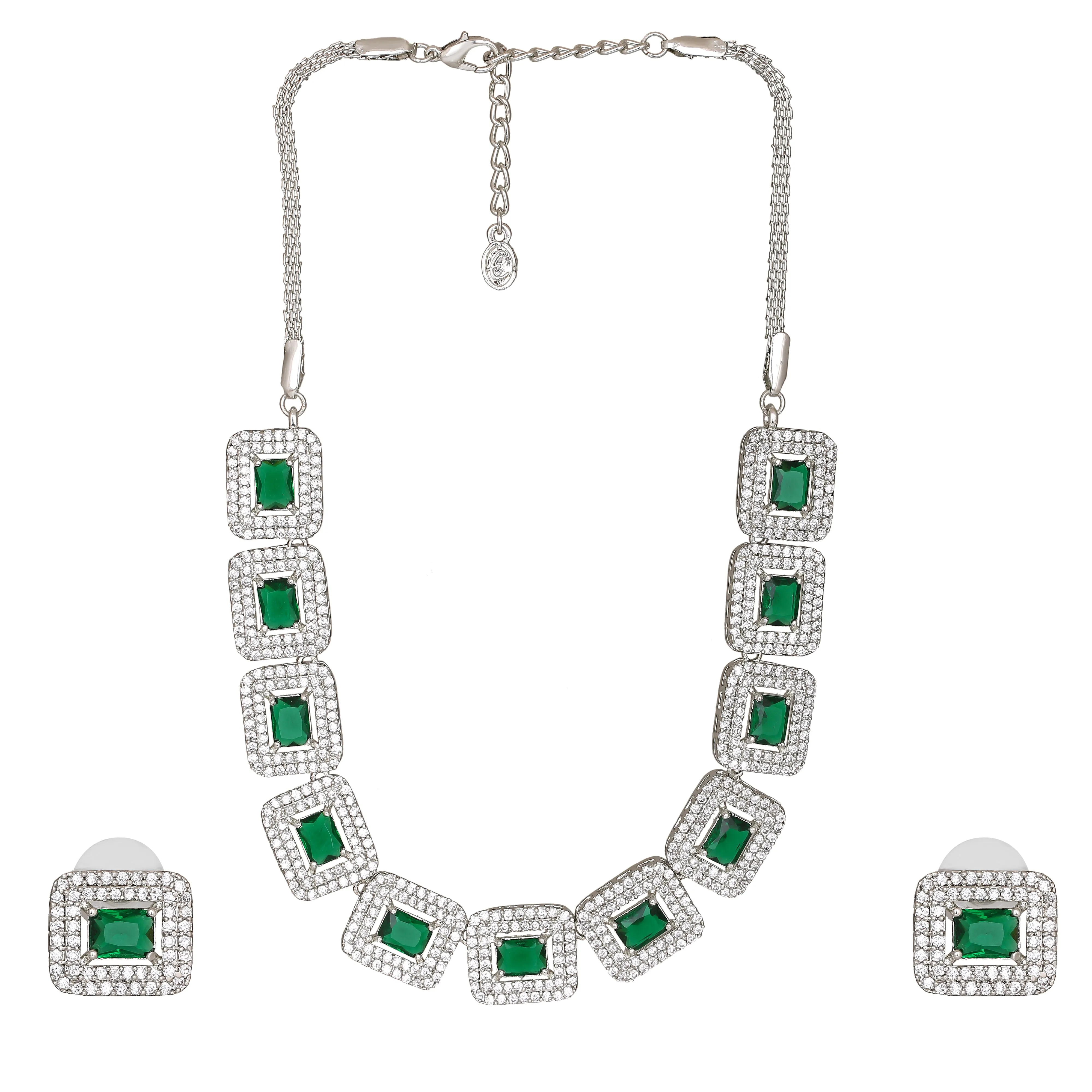 Estele Rhodium Plated CZ Beautiful Necklace Set with White & Green Crystals for Women