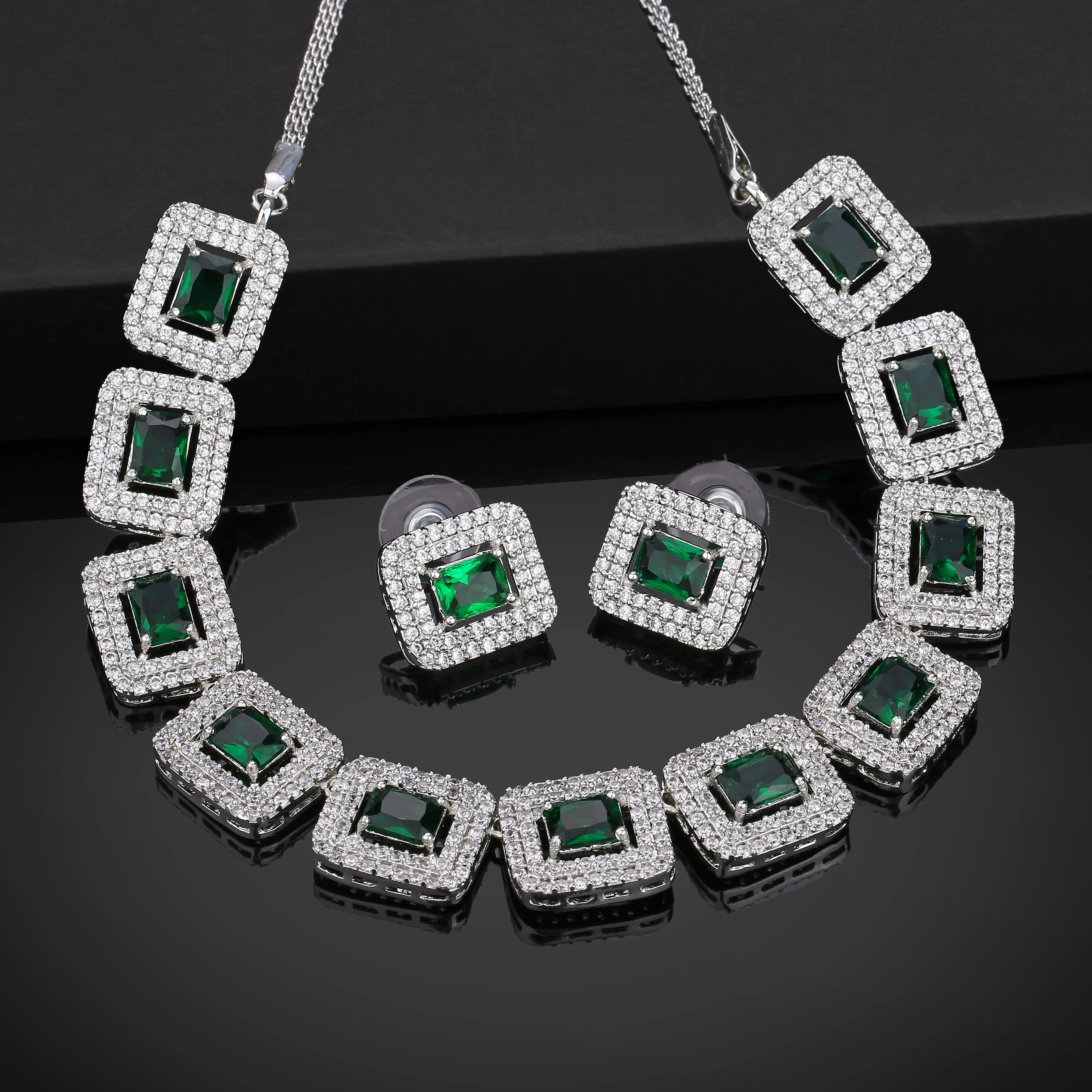 Estele Rhodium Plated CZ Beautiful Necklace Set with White & Green Crystals for Women