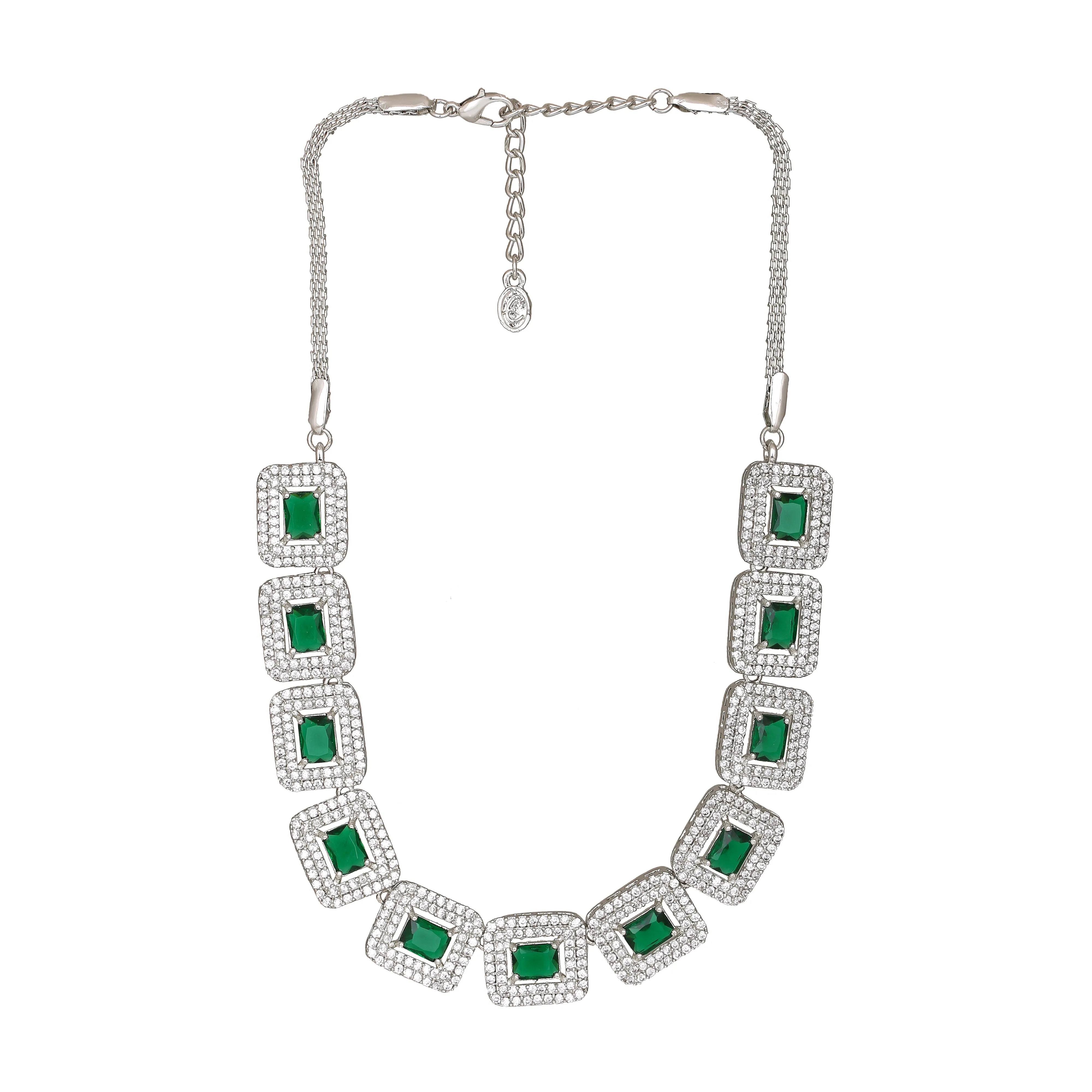 Estele Rhodium Plated CZ Beautiful Necklace Set with White & Green Crystals for Women