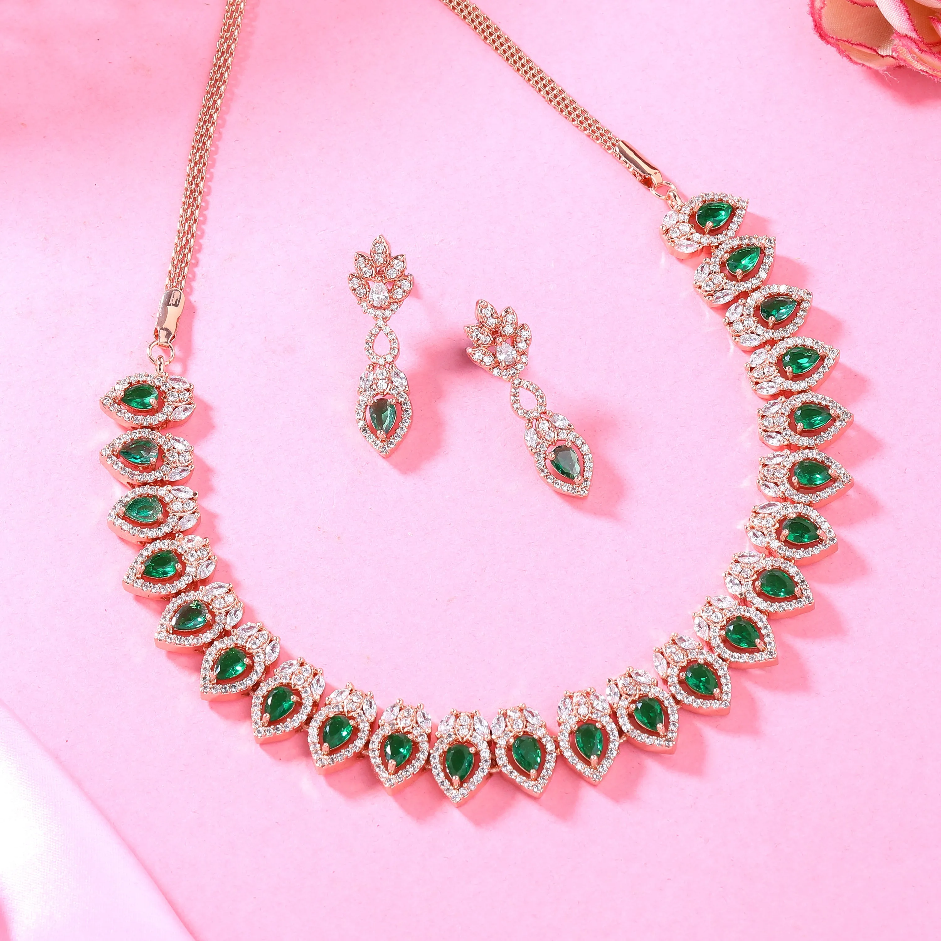 Estele Rose Gold Plated CZ Classic Pear Designer Necklace Set with Green Stones for Women