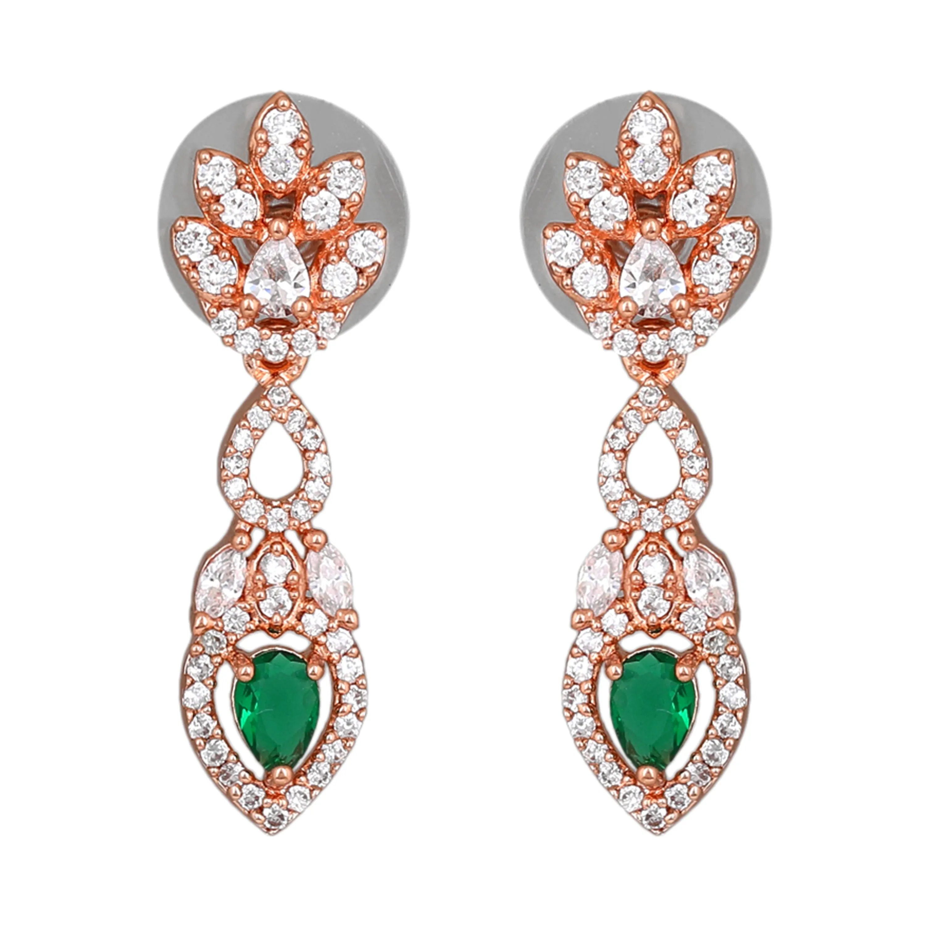 Estele Rose Gold Plated CZ Classic Pear Designer Necklace Set with Green Stones for Women