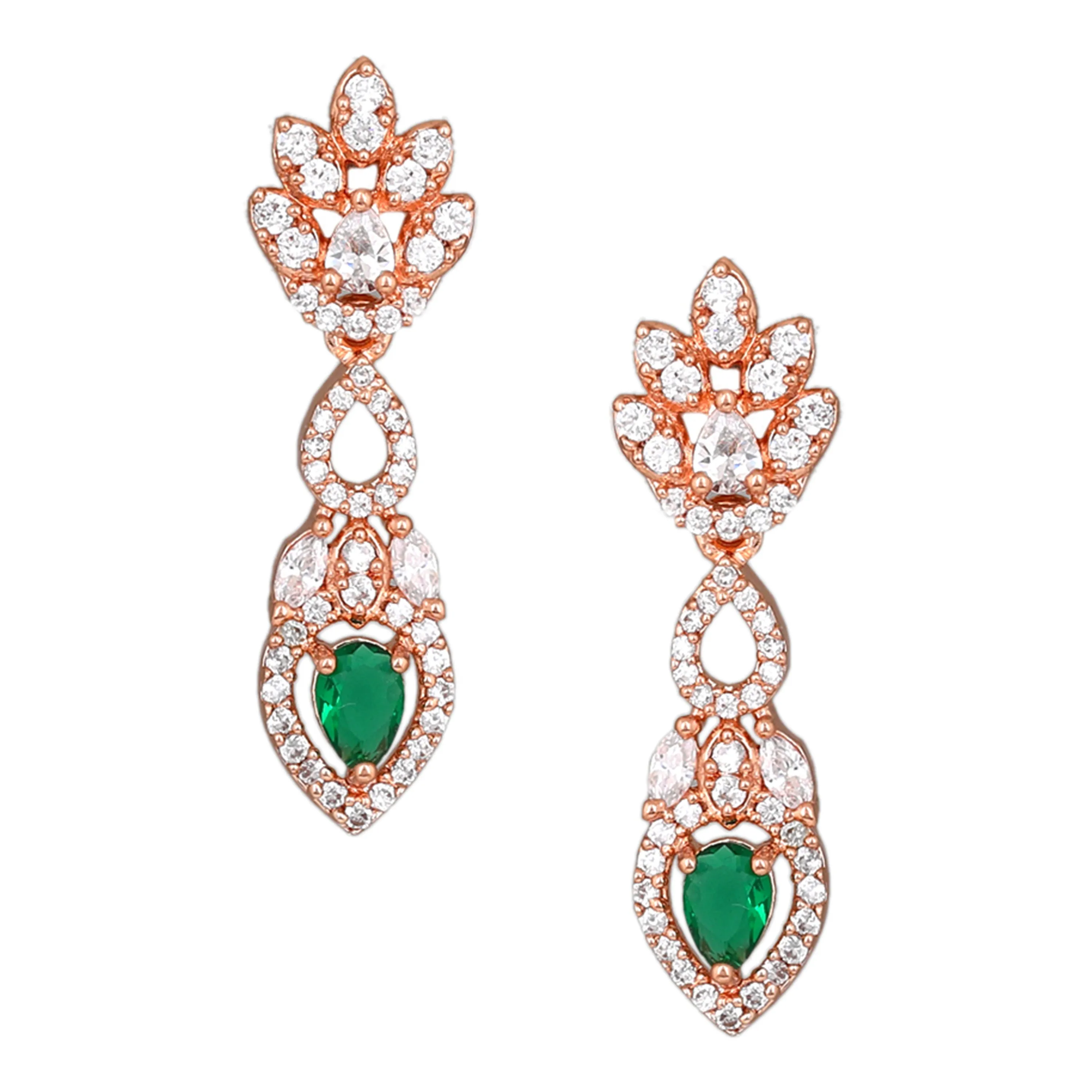 Estele Rose Gold Plated CZ Classic Pear Designer Necklace Set with Green Stones for Women