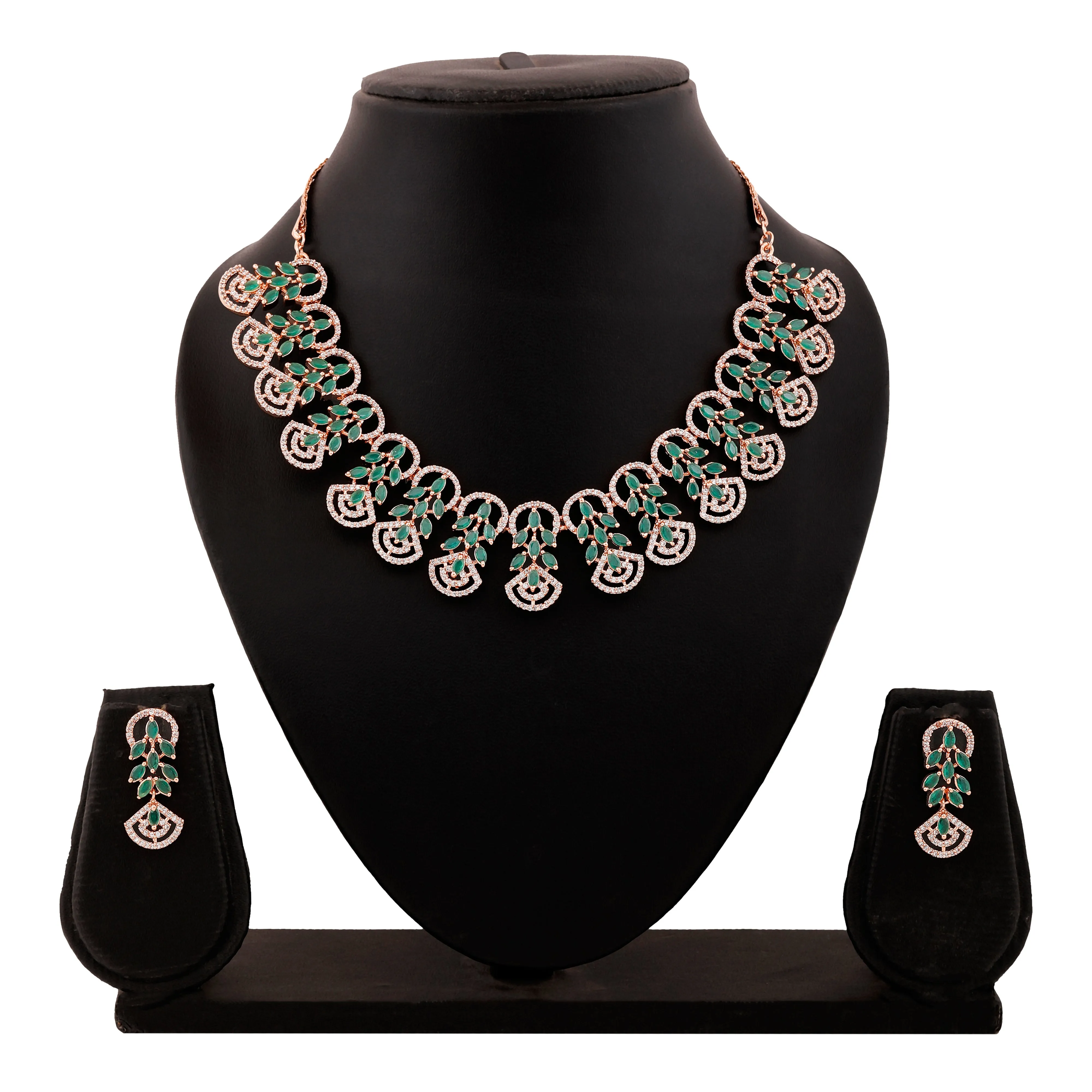 Estele Rose Gold Plated CZ Marquise Melody Necklace Set with Green Crystals for Women