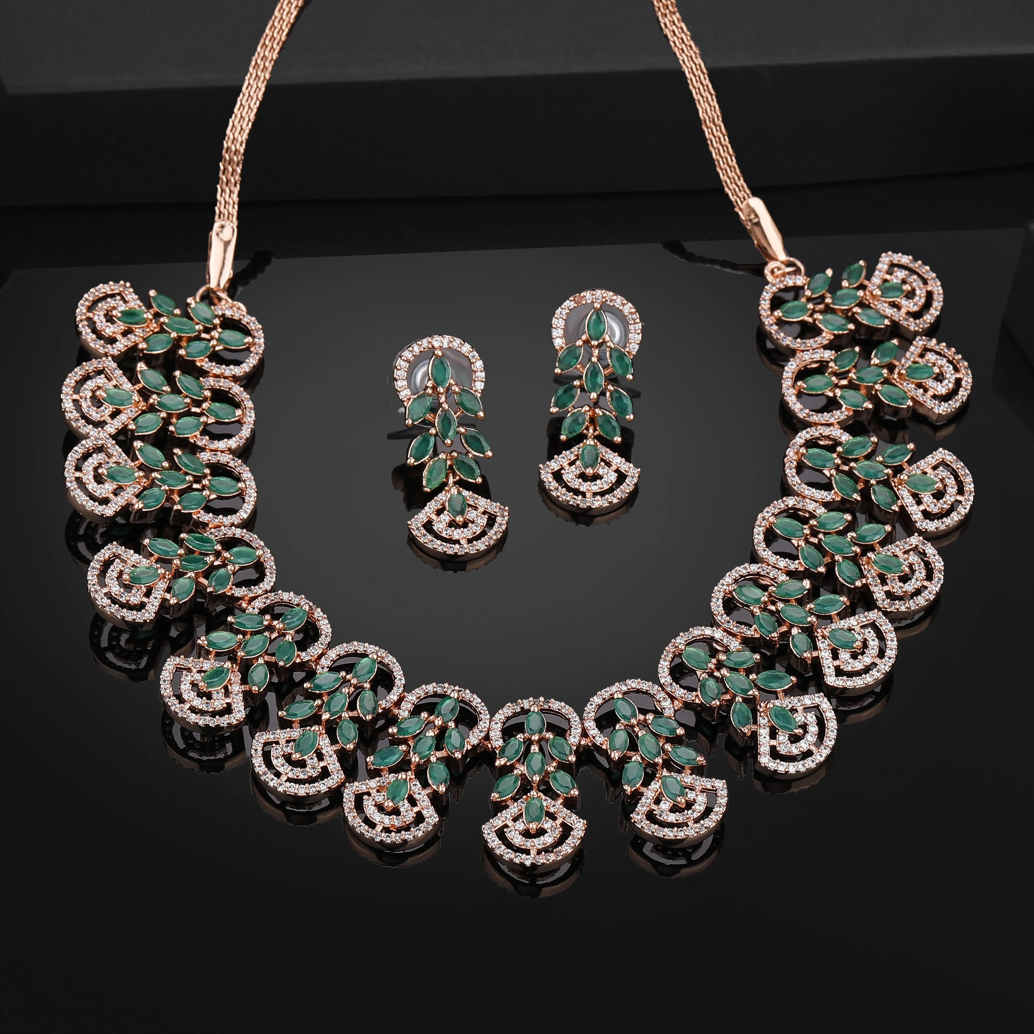 Estele Rose Gold Plated CZ Marquise Melody Necklace Set with Green Crystals for Women