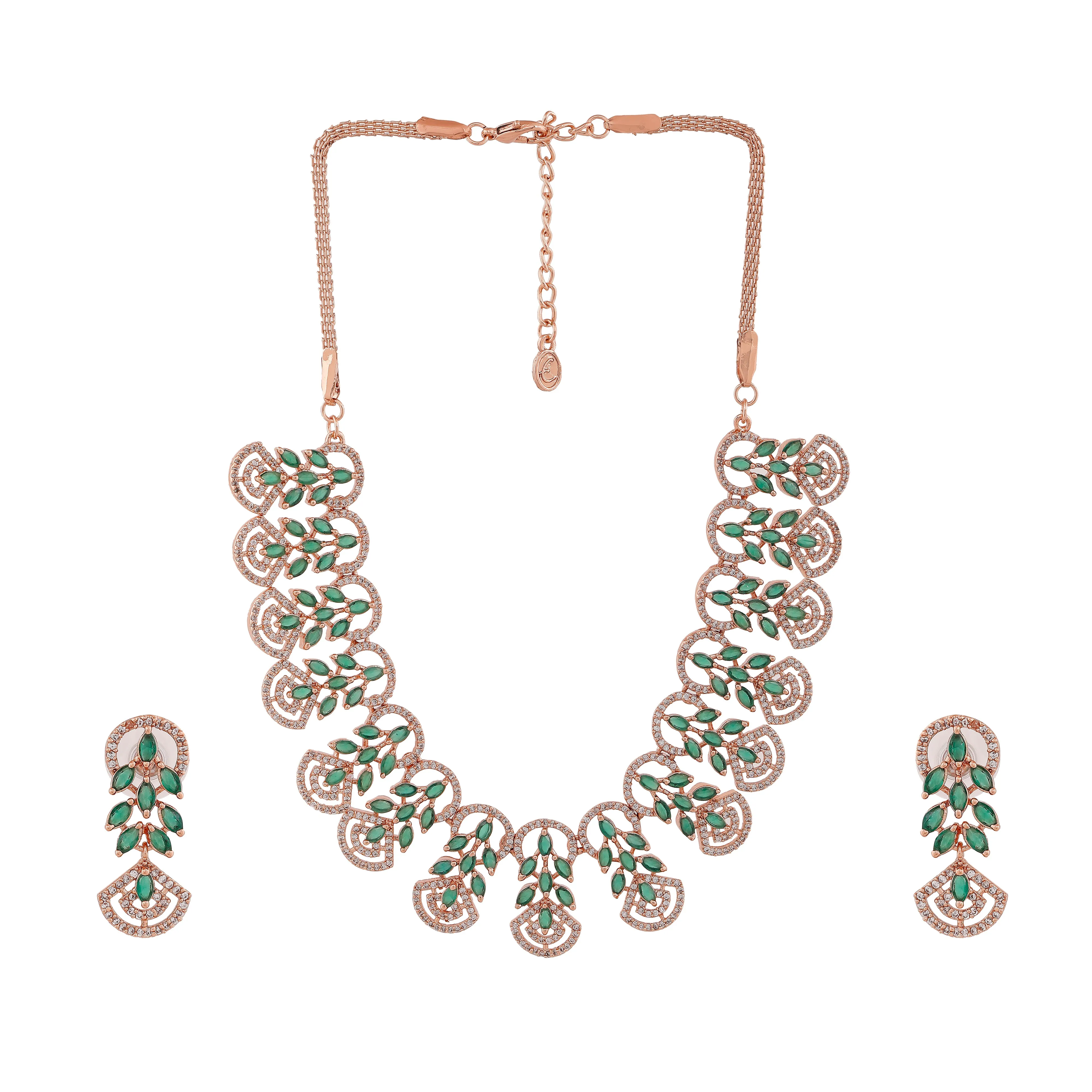 Estele Rose Gold Plated CZ Marquise Melody Necklace Set with Green Crystals for Women