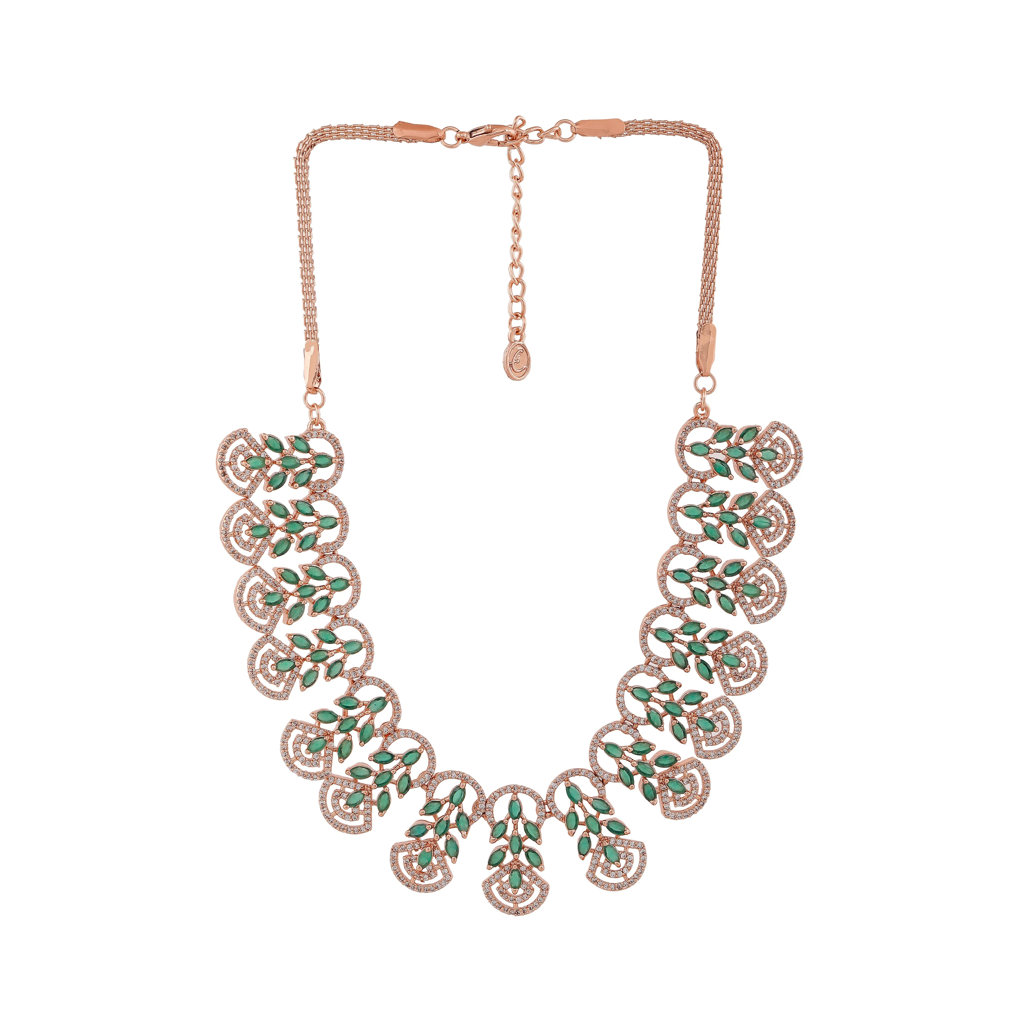 Estele Rose Gold Plated CZ Marquise Melody Necklace Set with Green Crystals for Women