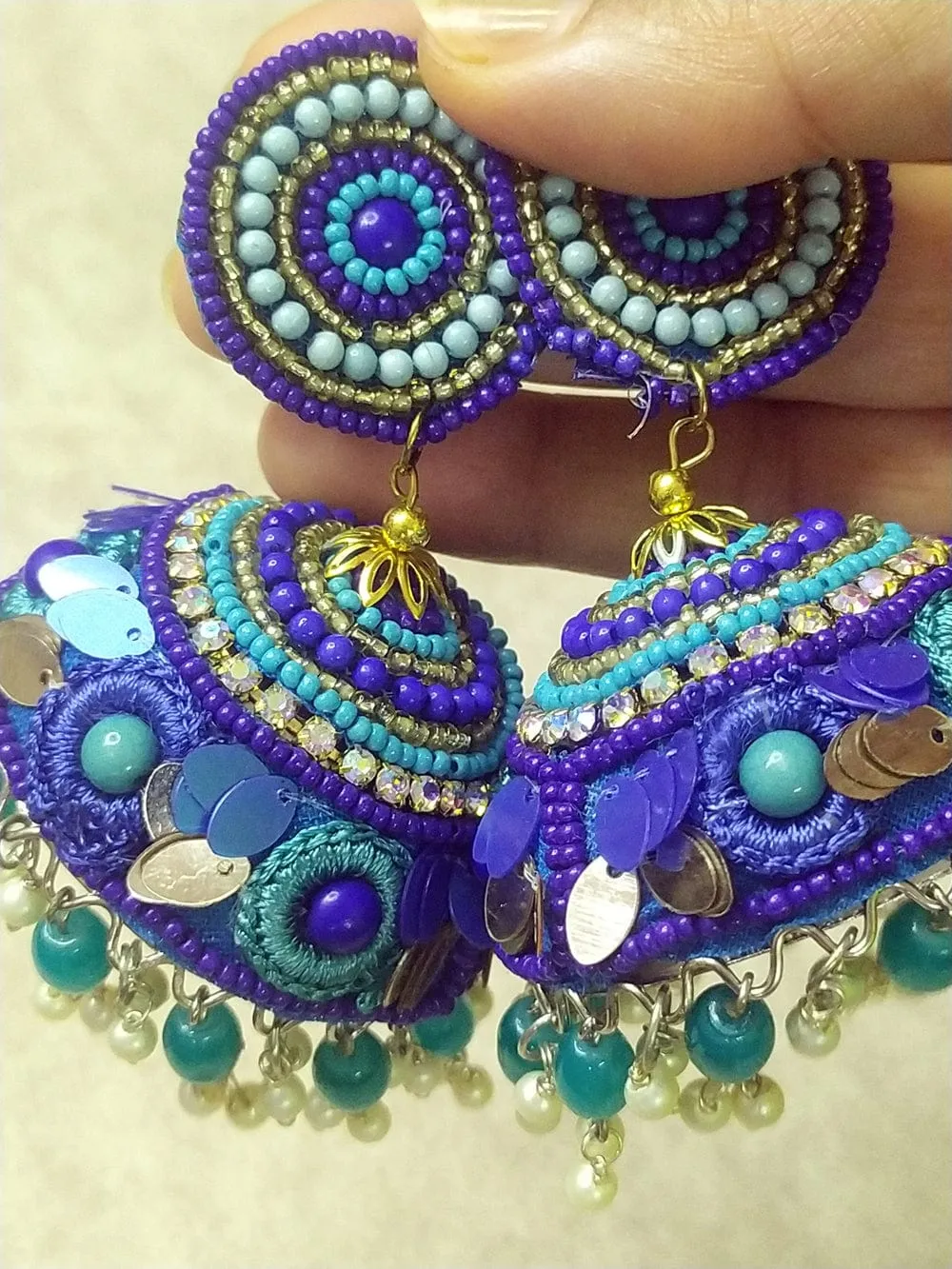 Extra-Large Handcrafted Jhumkas with Vibrant Colors and Pearl