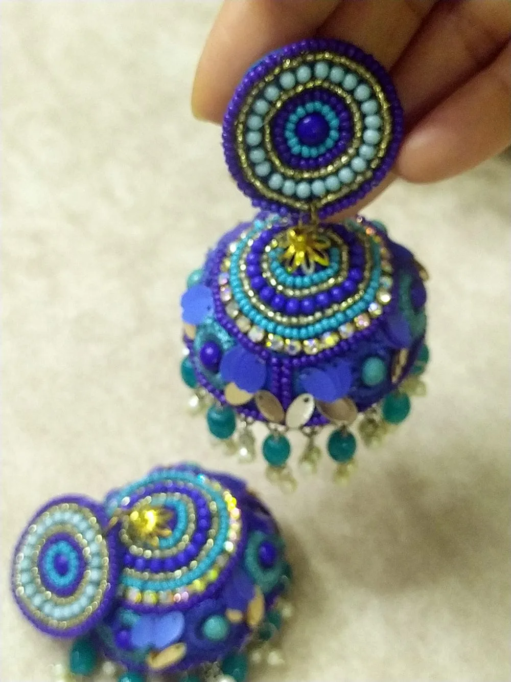 Extra-Large Handcrafted Jhumkas with Vibrant Colors and Pearl