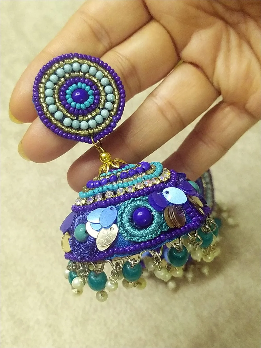 Extra-Large Handcrafted Jhumkas with Vibrant Colors and Pearl