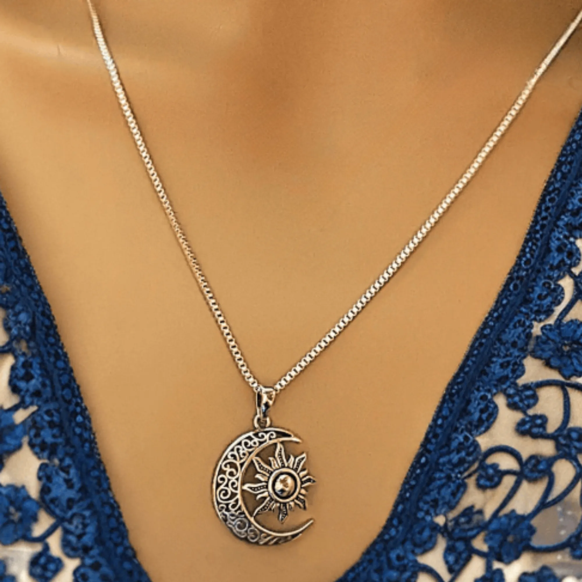 Filigree Crescent Moon Sun Necklace - 24 inches