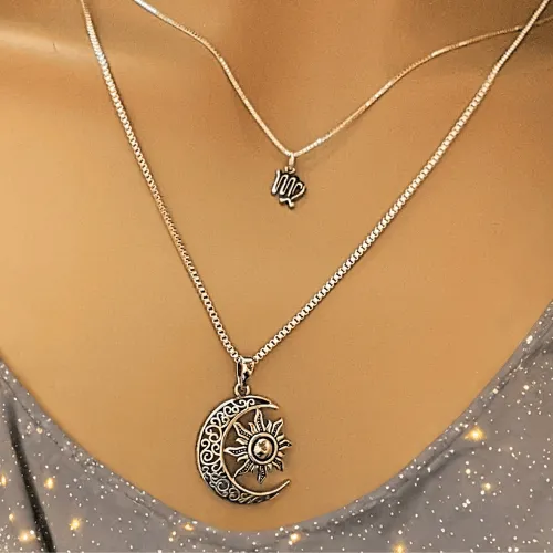 Filigree Crescent Moon Sun Necklace - 24 inches