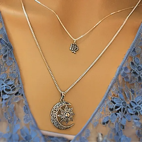 Filigree Crescent Moon Sun Necklace - 24 inches