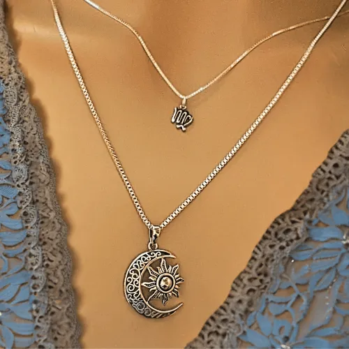 Filigree Crescent Moon Sun Necklace - 24 inches