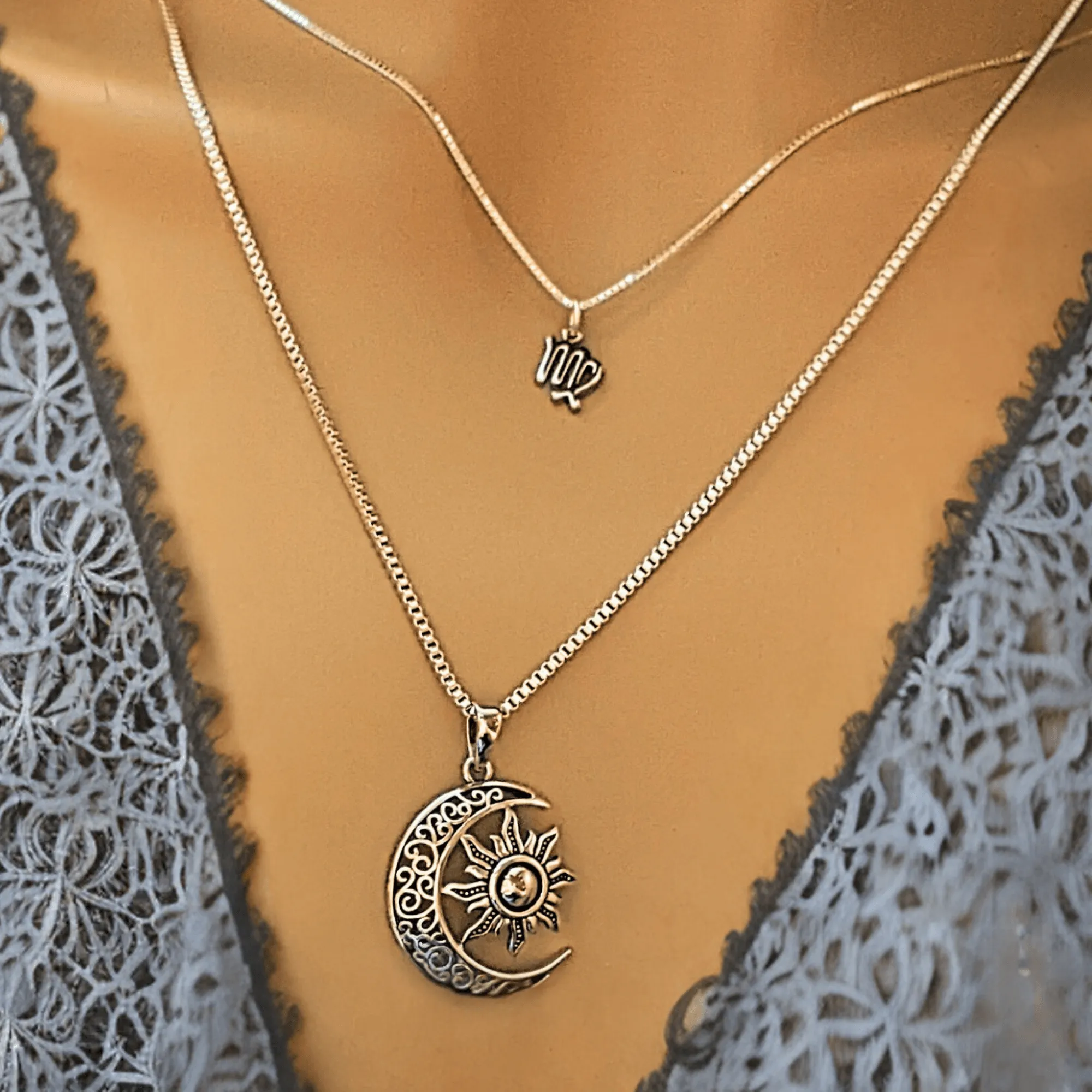 Filigree Crescent Moon Sun Necklace - 24 inches