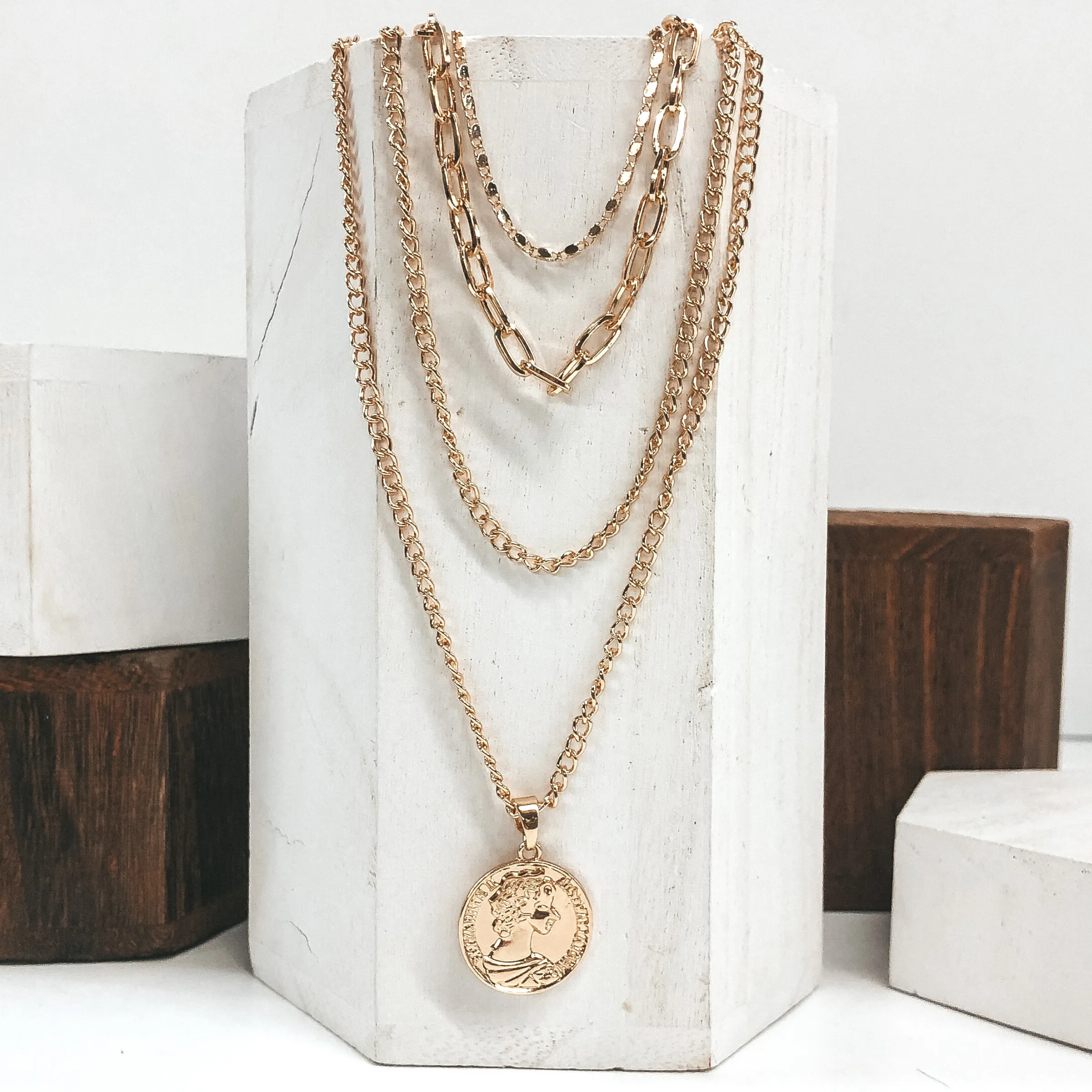 Four Strand Multi Chain Necklace Set with Gold Coin in Gold