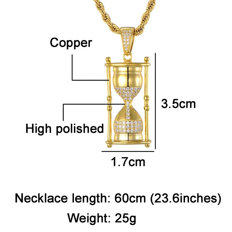 Full Iced Out Zirconia CZ Bling Hourglass Cubic Necklace Rhinestone Rope Chain Pendants & Necklaces For Men Hip Jewelry