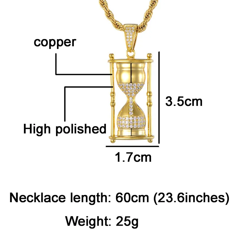 Full Iced Out Zirconia CZ Bling Hourglass Cubic Necklace Rhinestone Rope Chain Pendants & Necklaces For Men Hip Jewelry