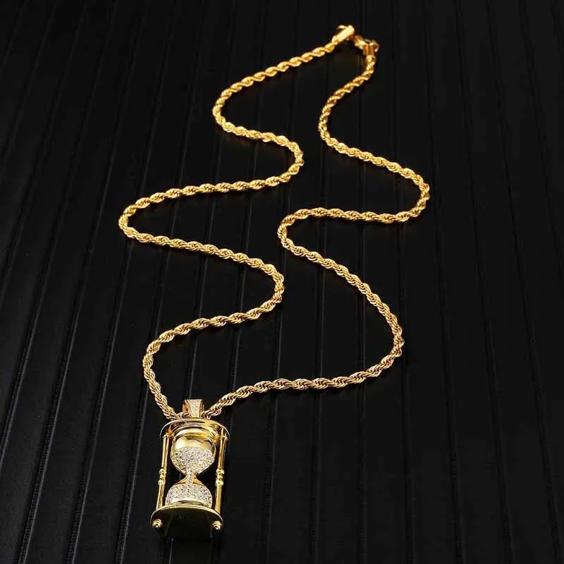 Full Iced Out Zirconia CZ Bling Hourglass Cubic Necklace Rhinestone Rope Chain Pendants & Necklaces For Men Hip Jewelry