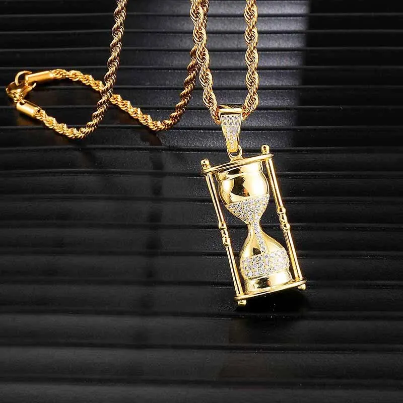 Full Iced Out Zirconia CZ Bling Hourglass Cubic Necklace Rhinestone Rope Chain Pendants & Necklaces For Men Hip Jewelry