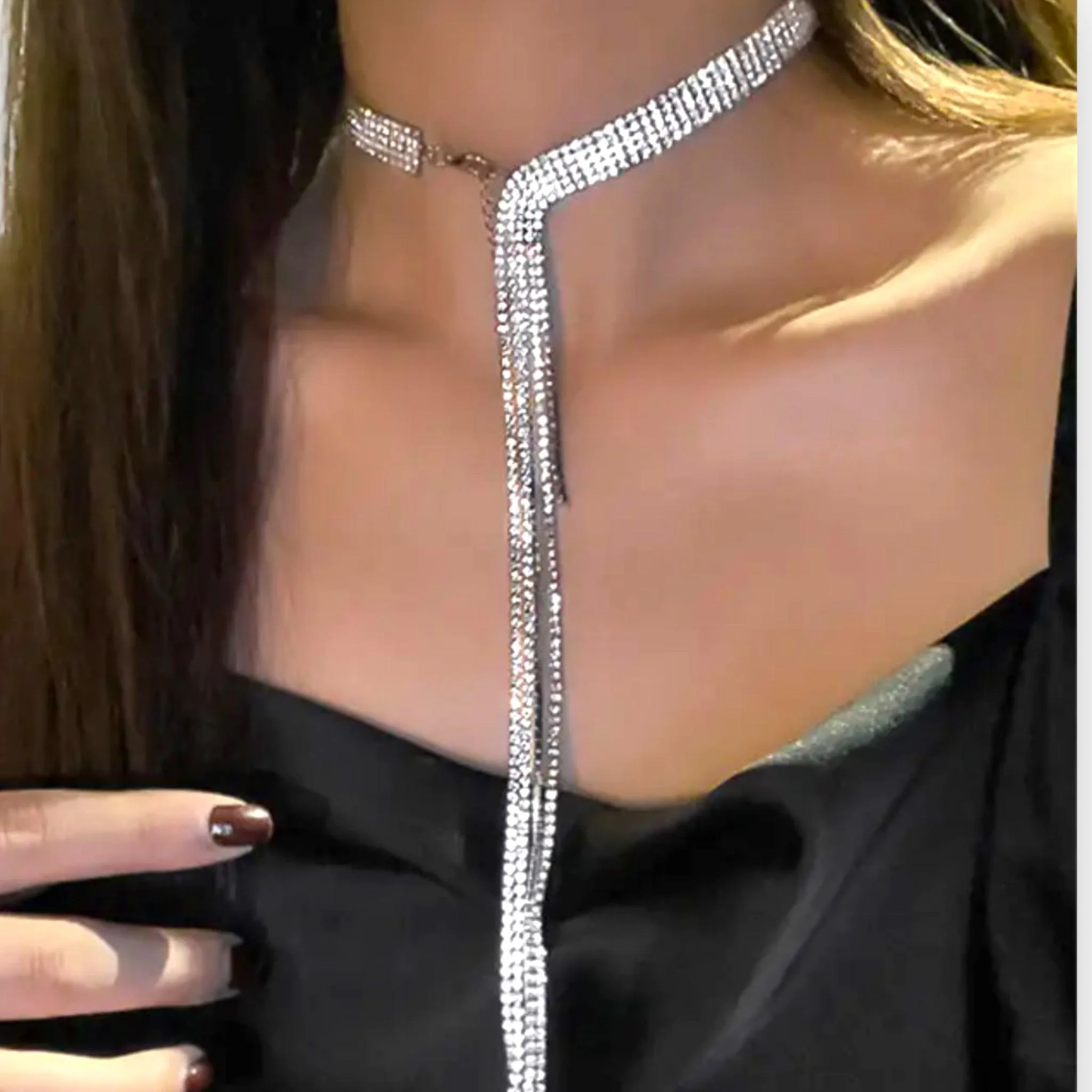 Glittery Silver Tassel Choker Necklace