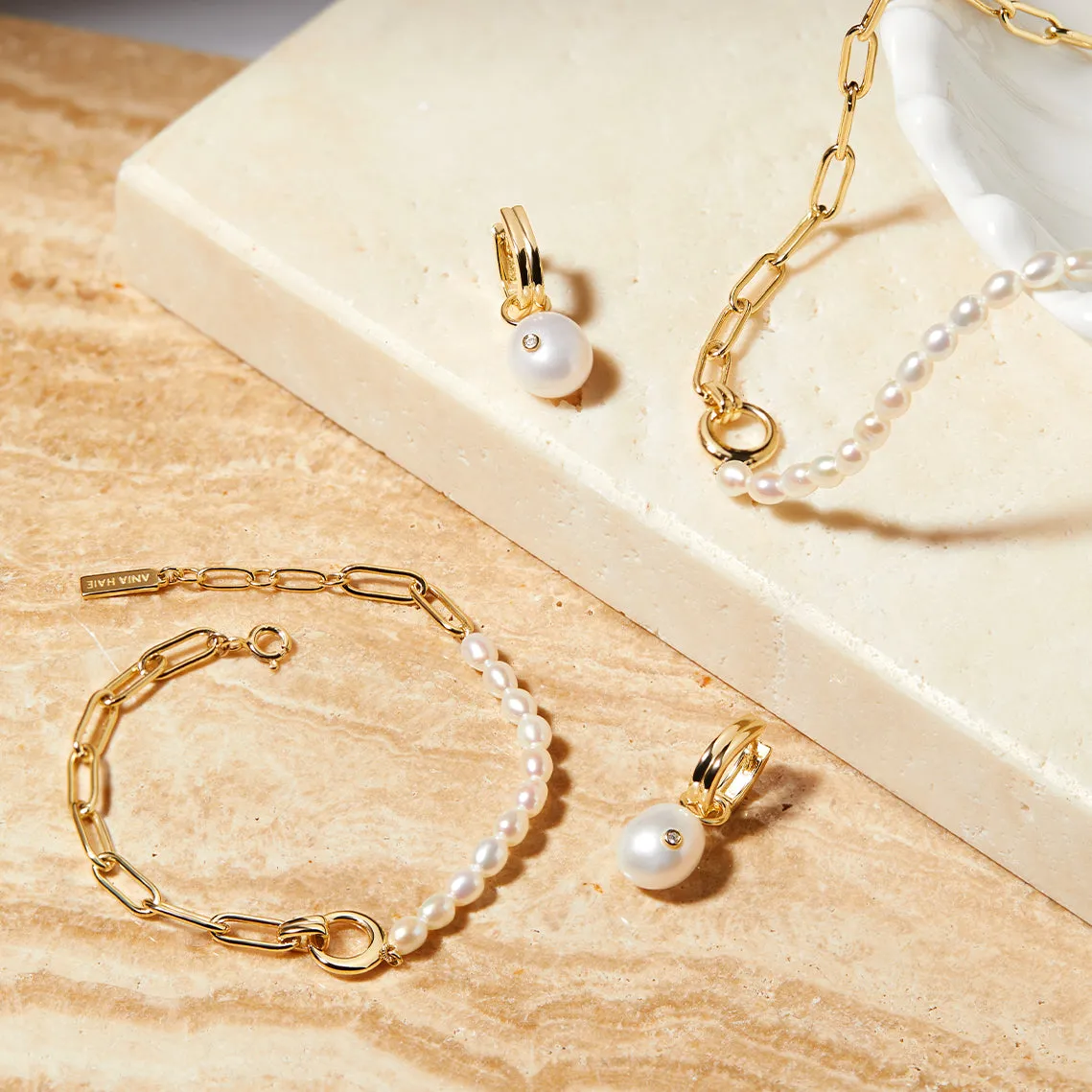 Gold Pearl Drop Sparkle Huggie Hoop Earrings 