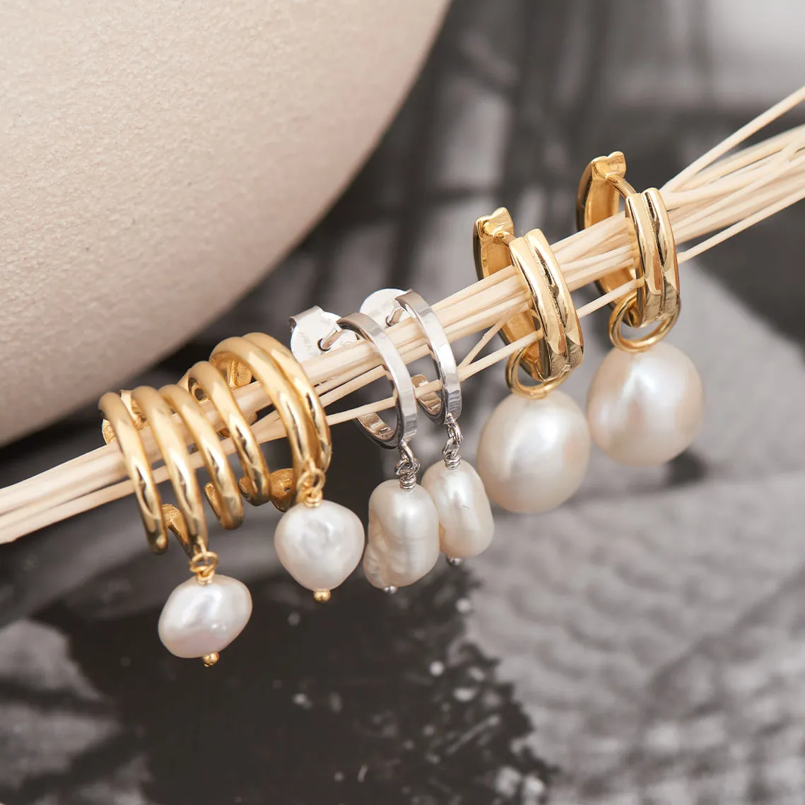 Gold Pearl Drop Sparkle Huggie Hoop Earrings 