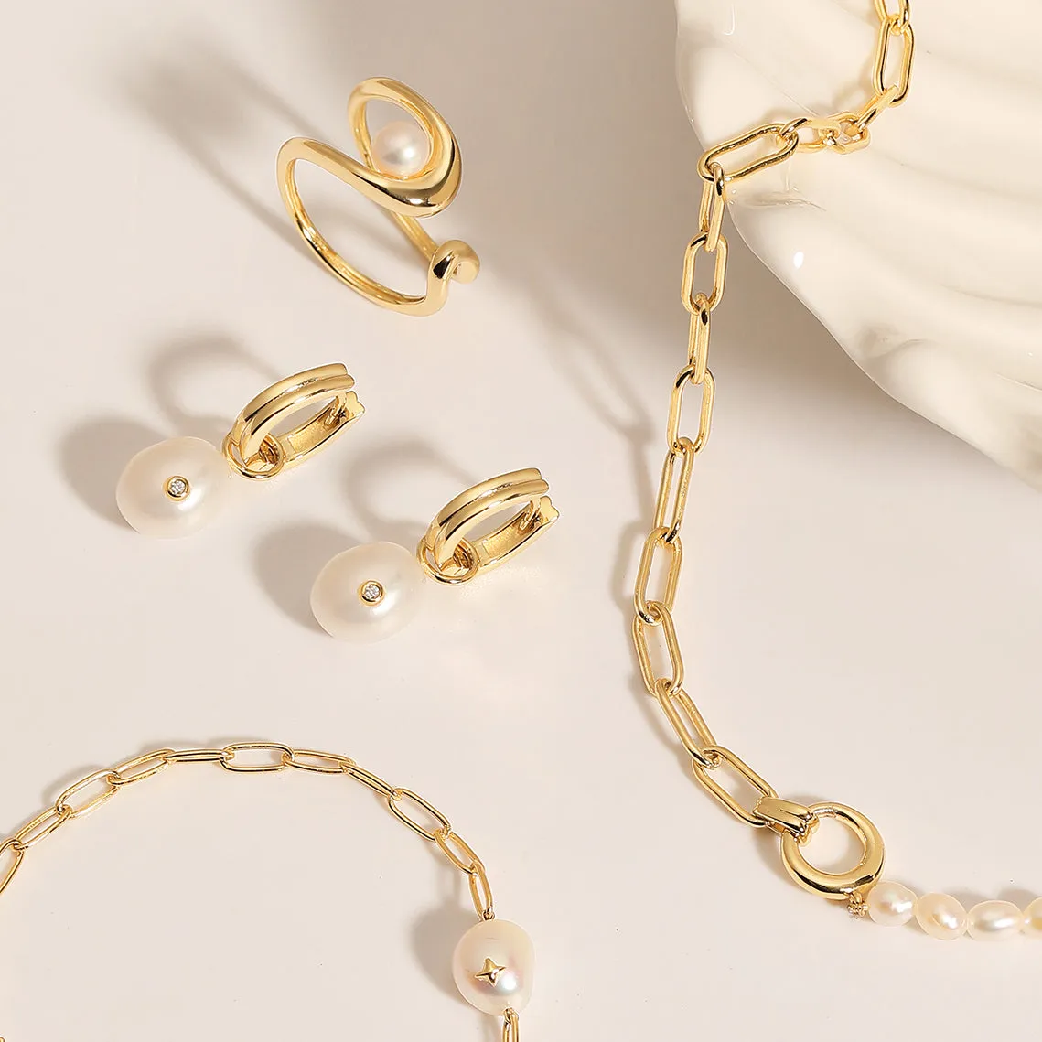 Gold Pearl Drop Sparkle Huggie Hoop Earrings 