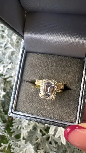 GOLD Sterling Silver Princess Emerald Cut Ring Set