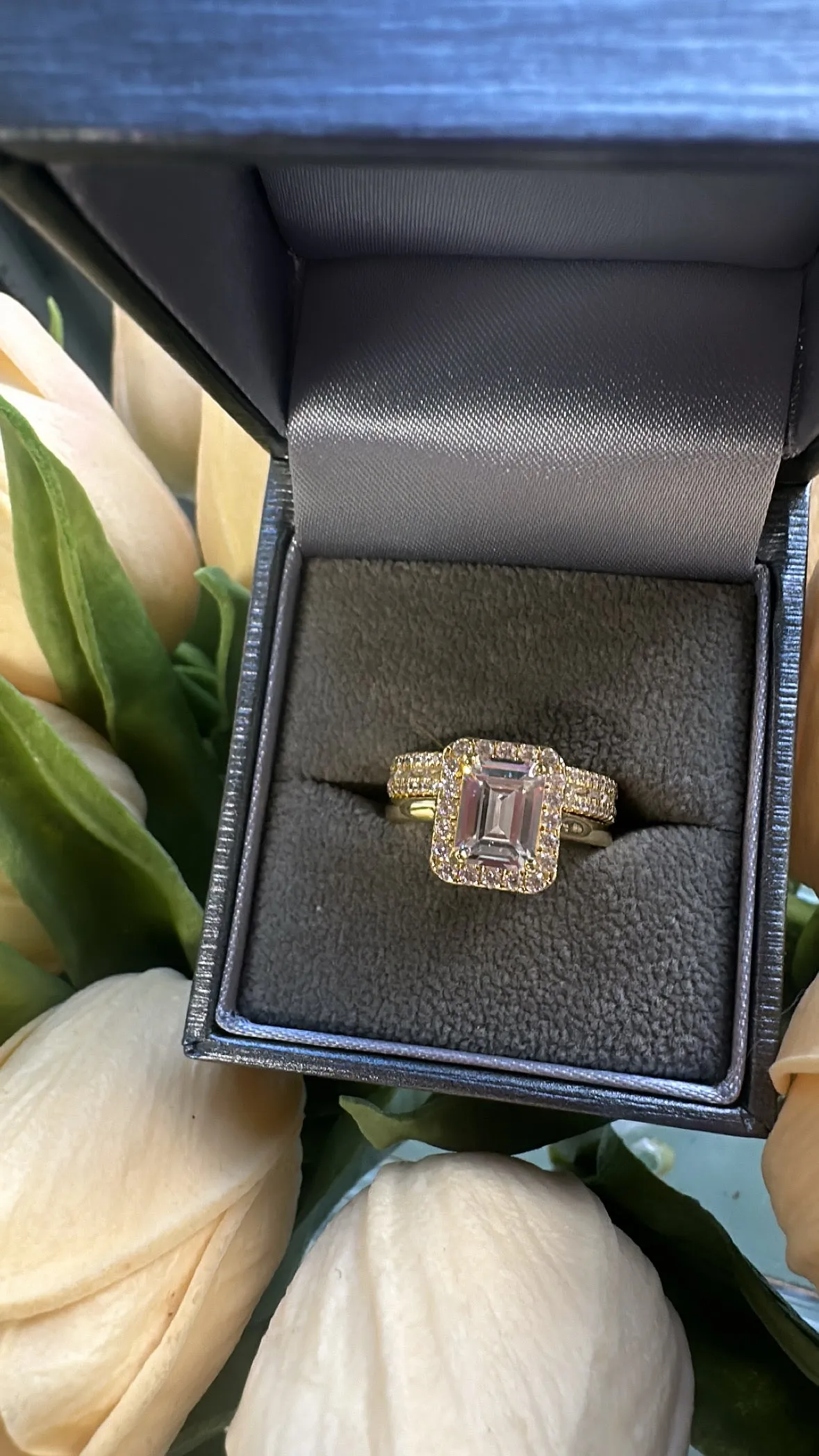 GOLD Sterling Silver Princess Emerald Cut Ring Set