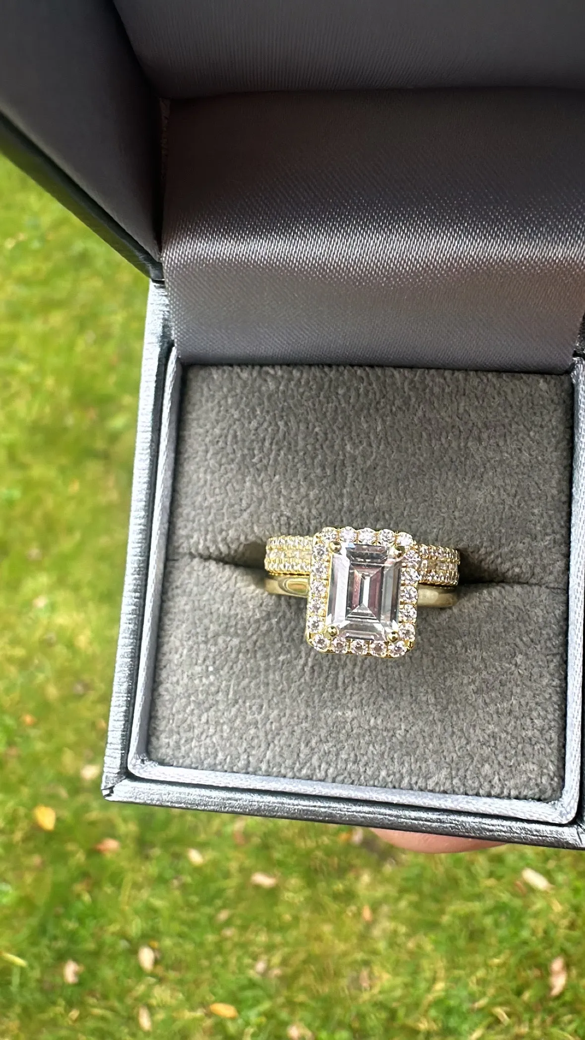 GOLD Sterling Silver Princess Emerald Cut Ring Set