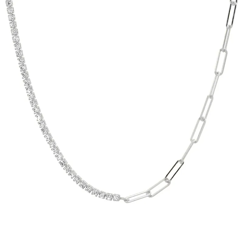 HALF & HALF PAPERCLIP CZ TENNIS NECKLACE, SILVER