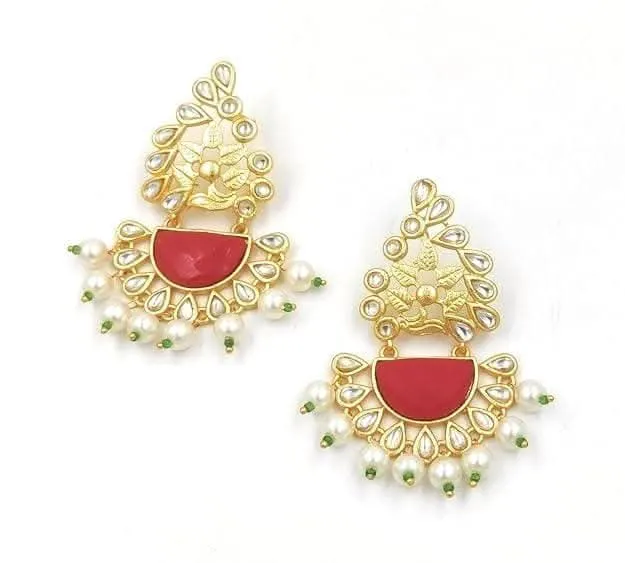 Handmade kundan red color golden pearl earrings