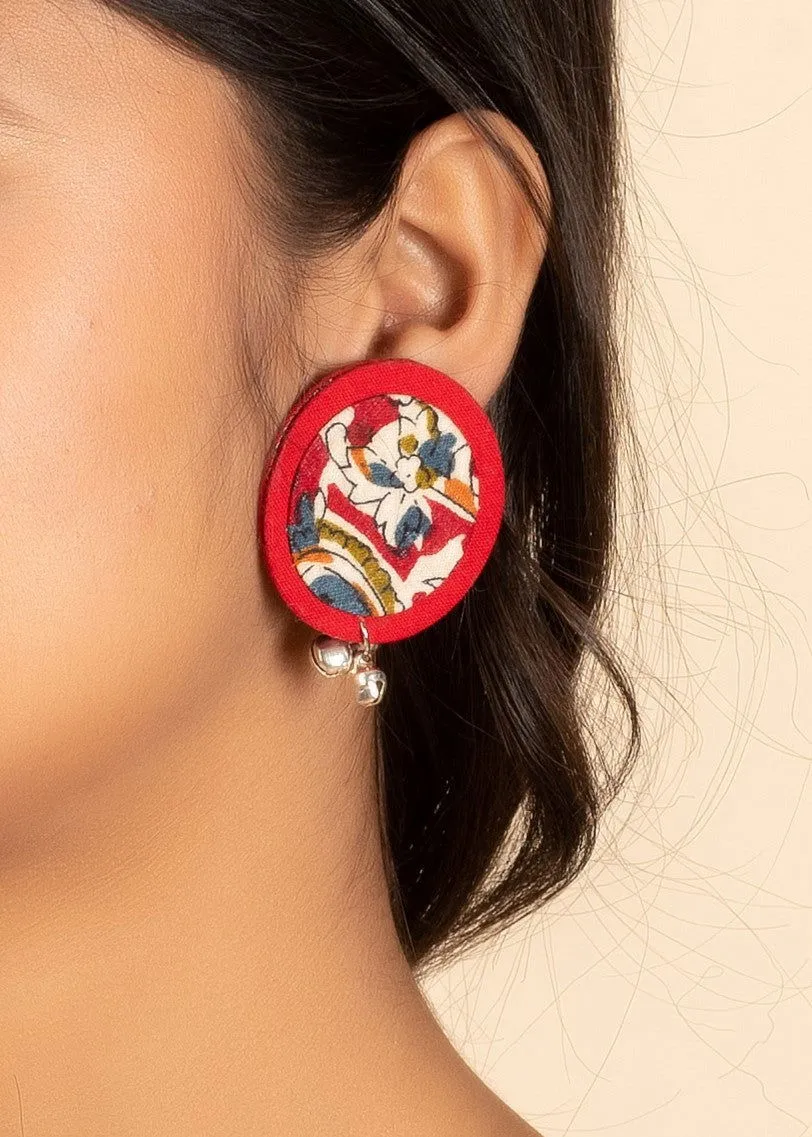 Handmade Red Kalamkari Fabric Stud Earrings, Non-Allergic and Ideal for Gifting