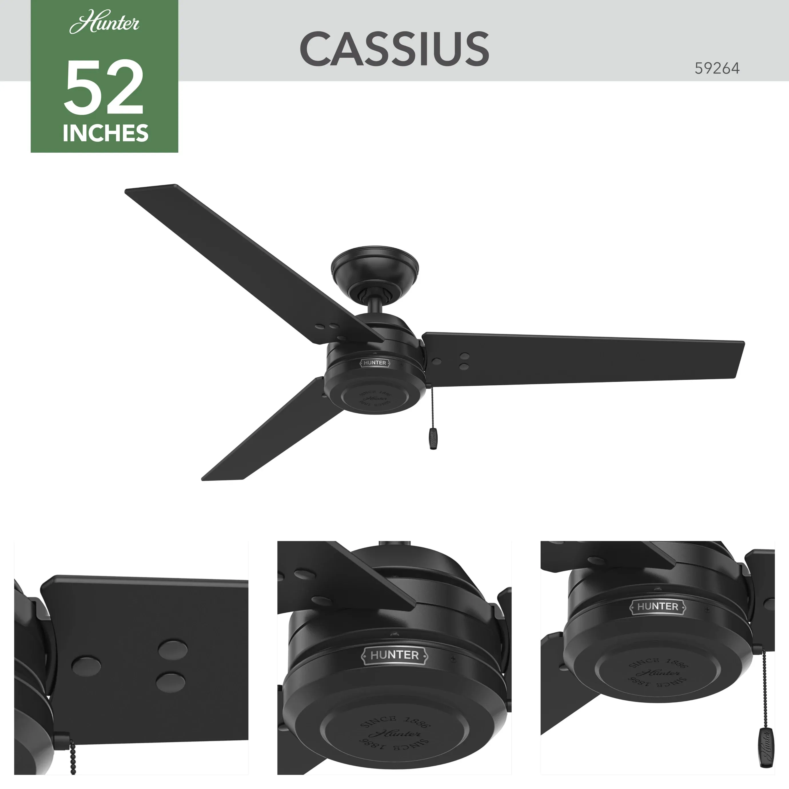 Hunter 52-Inch Cassius Matte Black Outdoor Ceiling Fan - Matte Black