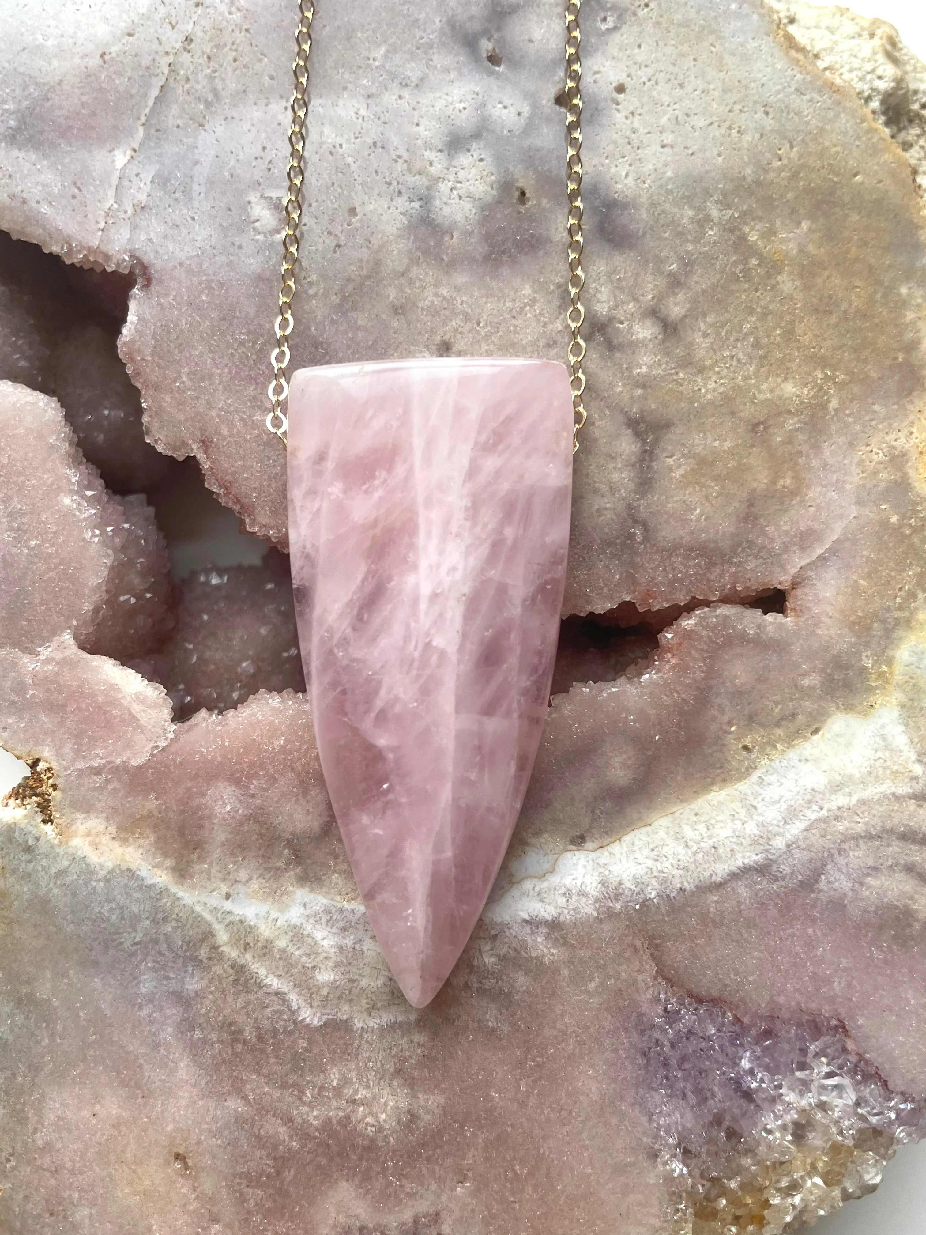 Large Rose Quartz Dagger Necklace Gold Fill