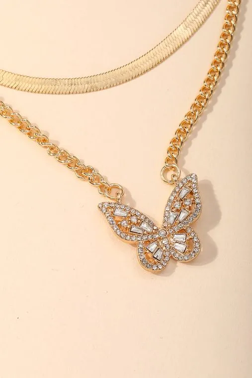 Layered Chain Rhinestone Butterfly Charm Necklace