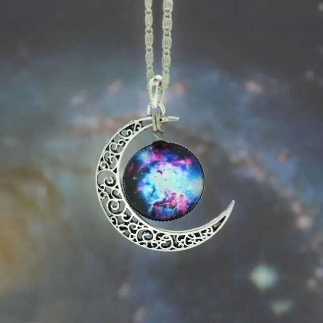 LIEBE ENGEL Brand Silver Color Jewelry Moon Statement Necklace Glass Galaxy Collares Necklace&Pendants Maxi Necklace Women 2017