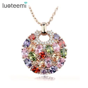 Luoteemi Newest Arrival Luxury Rose Gold Color Multicolor Cubic Zirconia Big Round Necklace Pendants for Women Fashion Jewelry